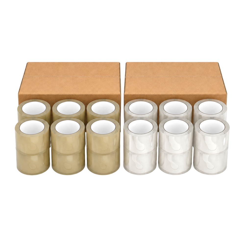 Clear and brown packing tape rolls in bulk