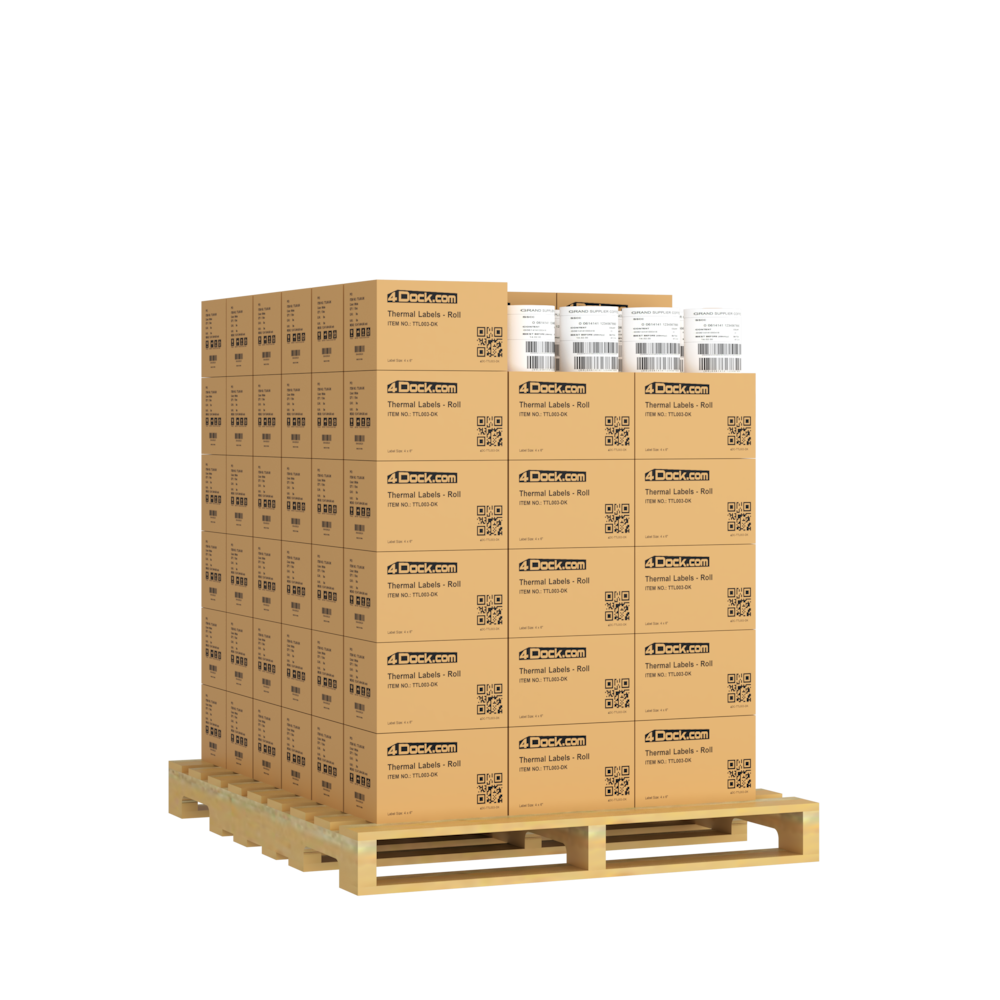 Pallet thermal label boxes and visible label rolls, ideal for shipping and packaging needs.
