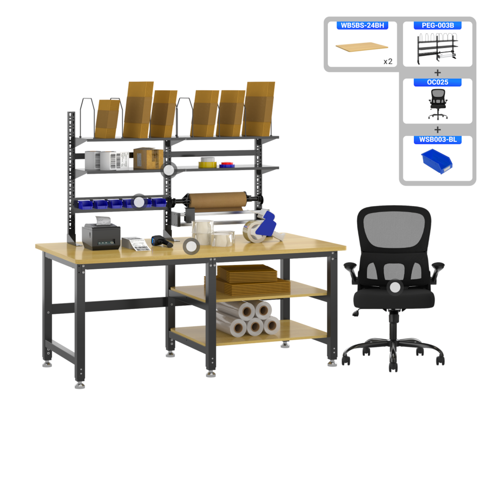 Heavy-Duty Industrial Packing Workstation – 70" × 35", Ergonomic Chair Included_4Dock