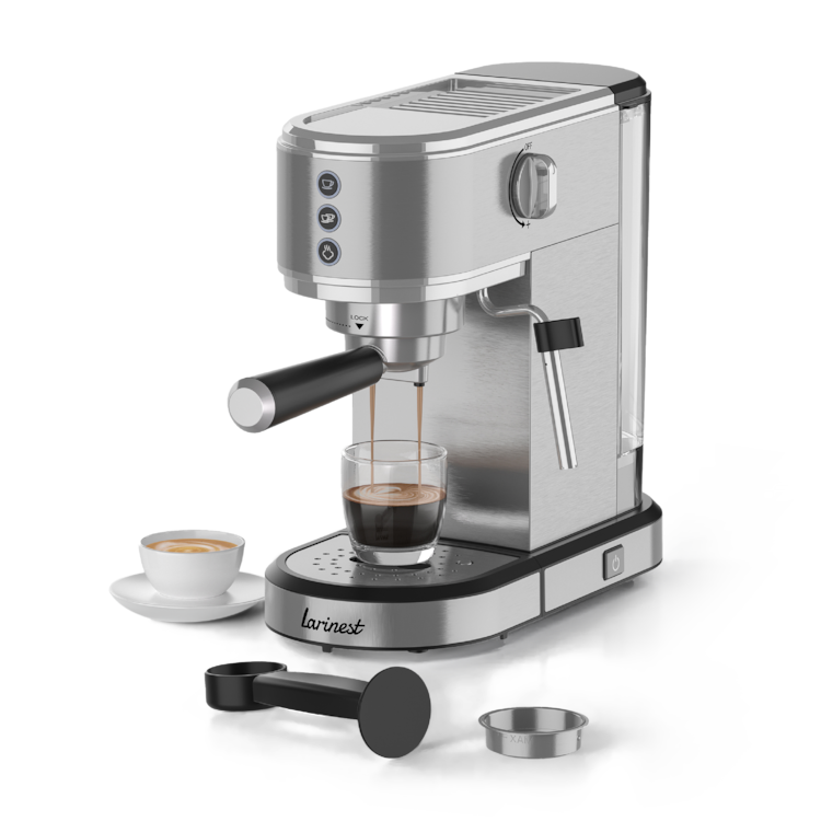 Larinest Coffee Maker with Milk Frother 20 Bar, 1 or 2 Cup, Silver