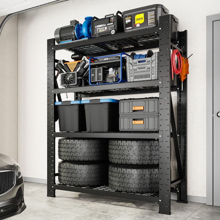 FS26MB-H 4-Tier Heavy Duty Shelving Unit with Hooks | FLEXIMOUNTS