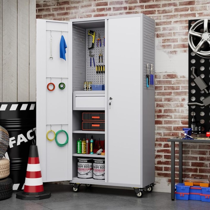 Premium Metal Garage Storage Cabinet with Drawers and Pegboards