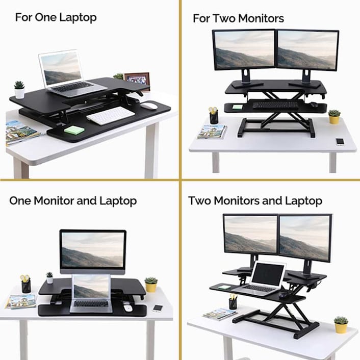 FLEIXSPOT Home Office Height Adjustable Standing Desk Converter MT7 Series  35 Width Computer Desk Riser with Removable Deep Keyboard Tray Black 