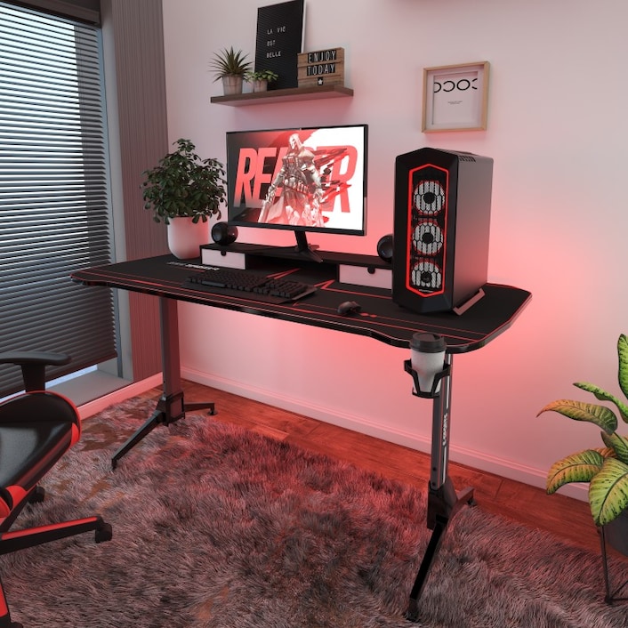 Buy Vitesse 55 inch Gaming Desk, Gaming Computer Desk, PC Gaming Table, T  Shaped Racing Style Professional Gamer Game Station with Full Mouse pad,  Gaming Handle Rack, Cup Holder Headphone Hook Online