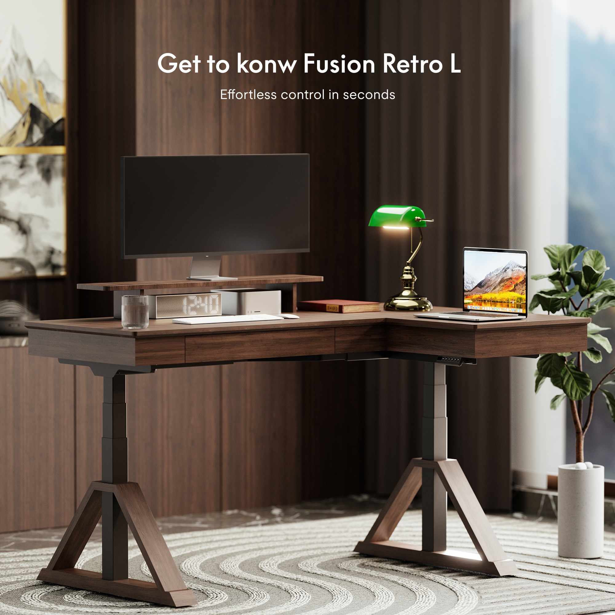 L-Shaped Corner Standing Desk with Drawer & Shelf | Mid Century