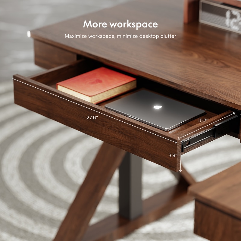 L-Shaped Corner Standing Desk with Drawer & Shelf | Mid Century