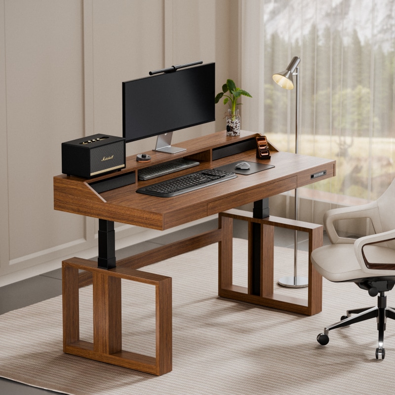 Standing Desk with Drawer & Monitor Shelf | Mid Century Modern