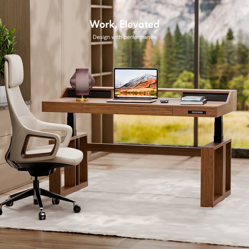 Standing Desk with Drawer & Monitor Shelf | Mid Century Modern