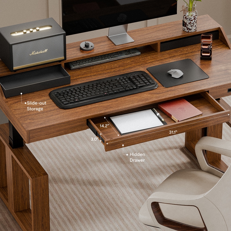 Standing Desk with Drawer & Monitor Shelf | Mid Century Modern