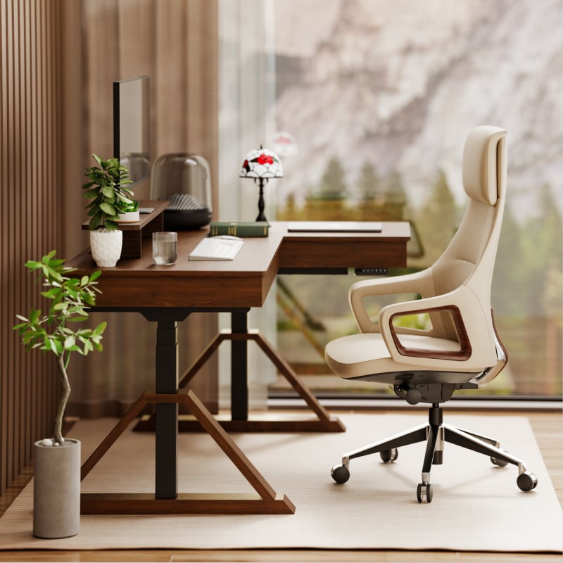 L-Shaped Corner Standing Desk with Drawer & Shelf | Mid Century