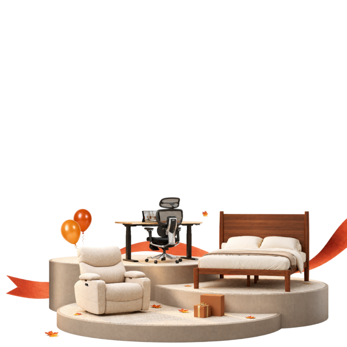 Modern ergonomic office chair and desk, beige recliner, and wooden bed frame with white bedding displayed on beige platforms with orange accents.