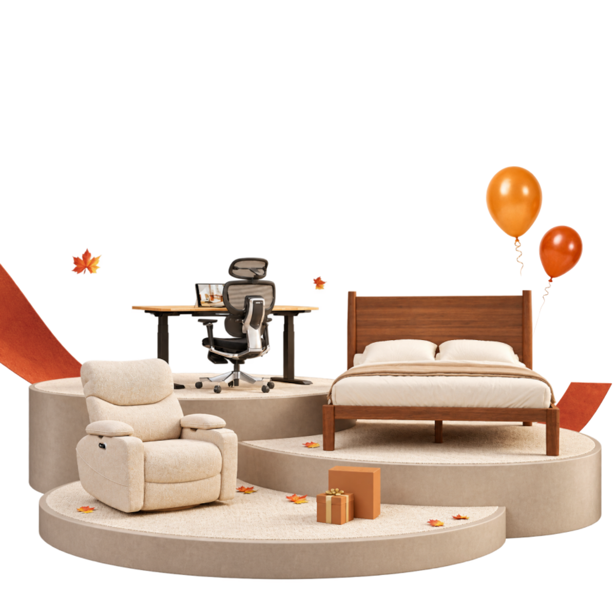 Modern ergonomic office chair and desk, beige recliner, and wooden bed frame with white bedding displayed on beige platforms with orange accents.