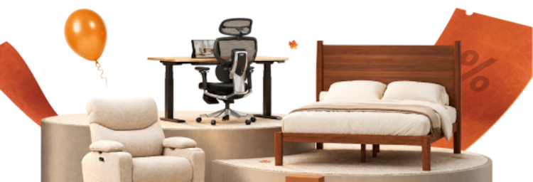 Modern ergonomic office chair and desk, beige recliner, and wooden bed frame with white bedding displayed on beige platforms with orange accents.