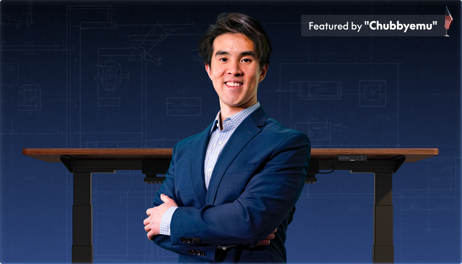 Standing desk with wooden tabletop and black adjustable legs featured with a person in a blue suit against a dark gradient background.