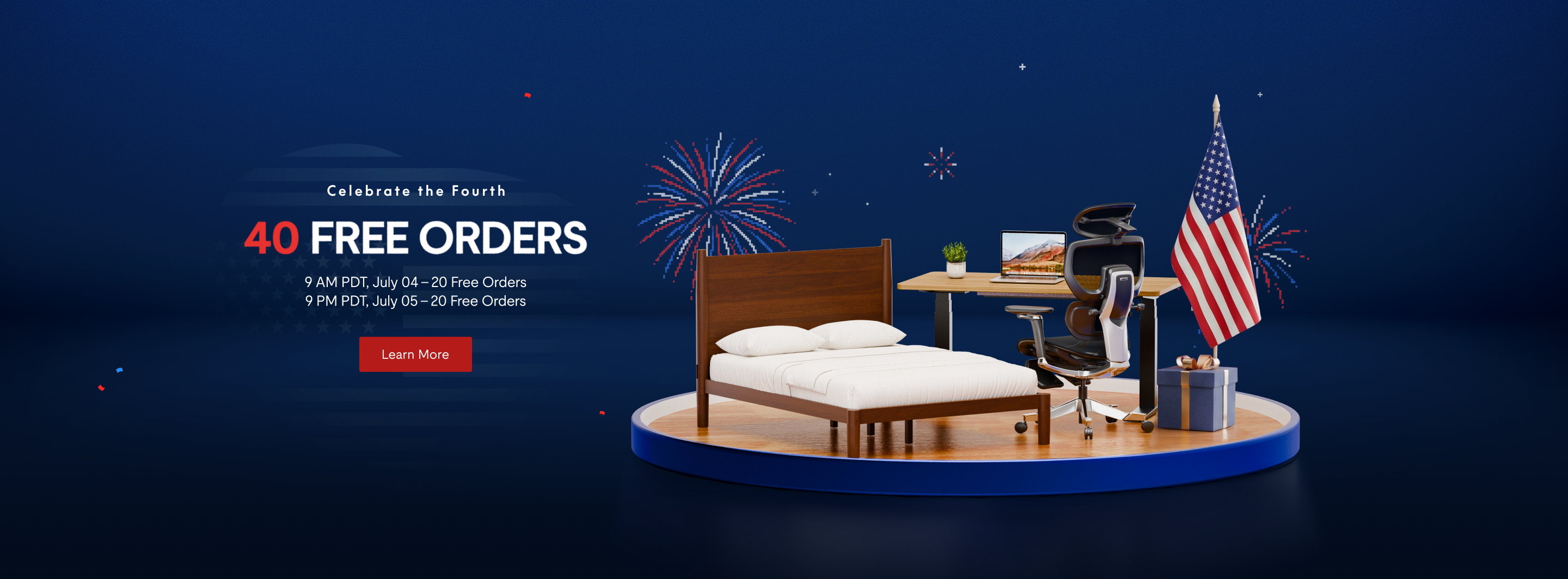 Celebrate the Fourth with 40 free orders promotion, featuring a wooden bed, ergonomic chair, desk setup, and American flag on a blue background.