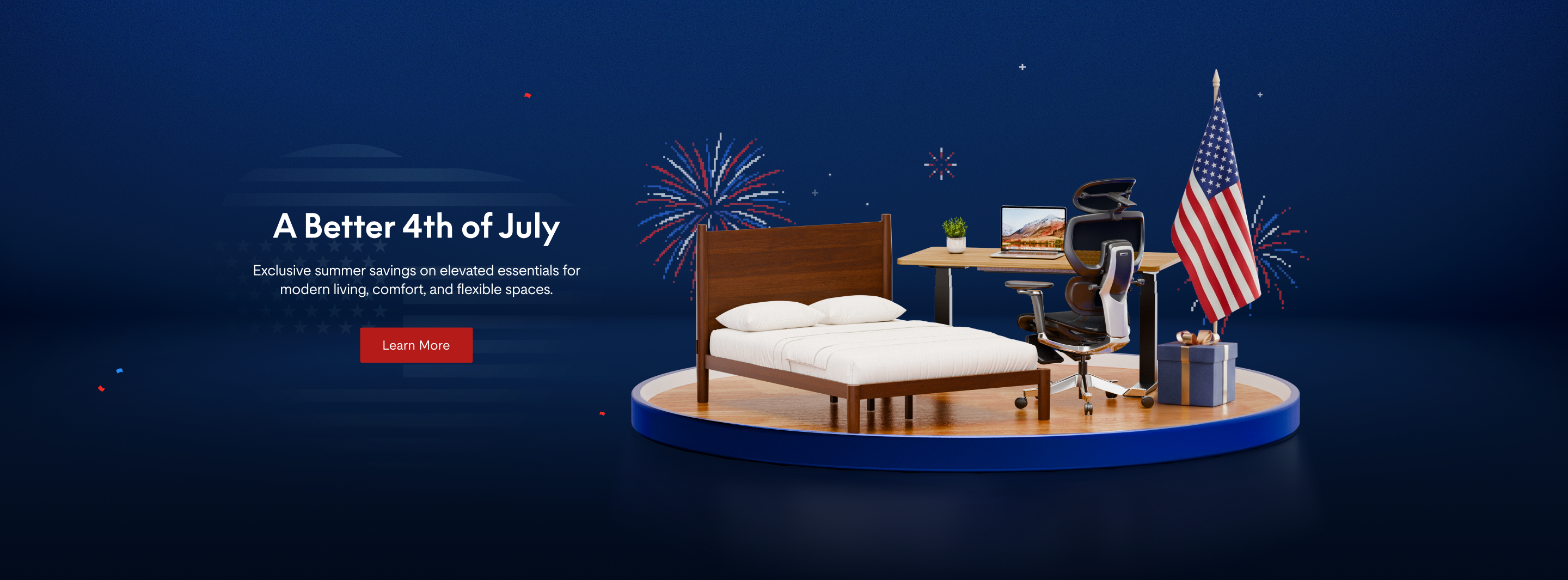 4th of July sale display featuring a wooden bed with white bedding, ergonomic office chair, desk setup, and American flag on a blue platform.