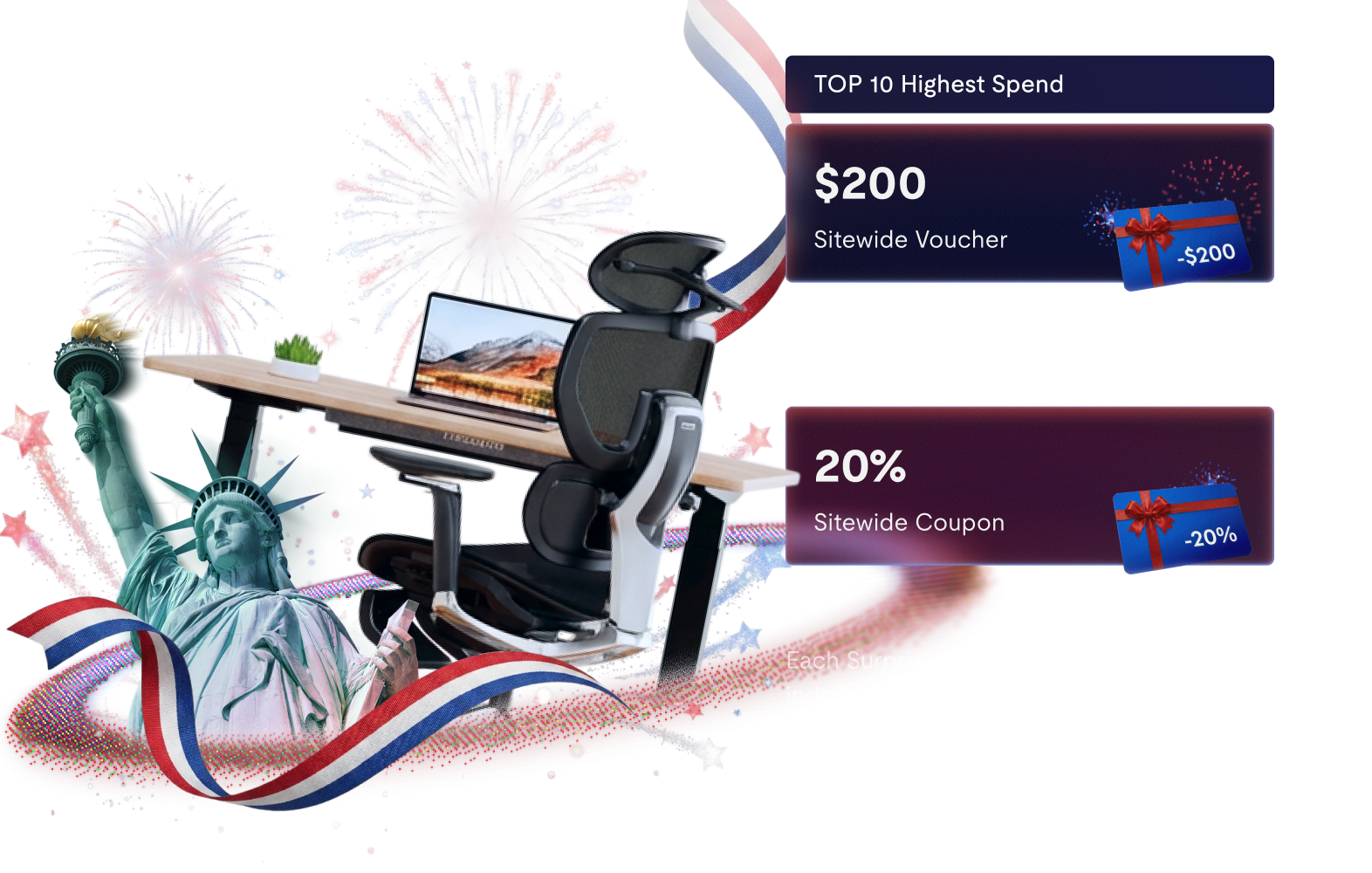 $200 sitewide voucher for top 10 spenders and 20% sitewide coupon for ranks 11-20, featuring Statue of Liberty and celebratory fireworks.