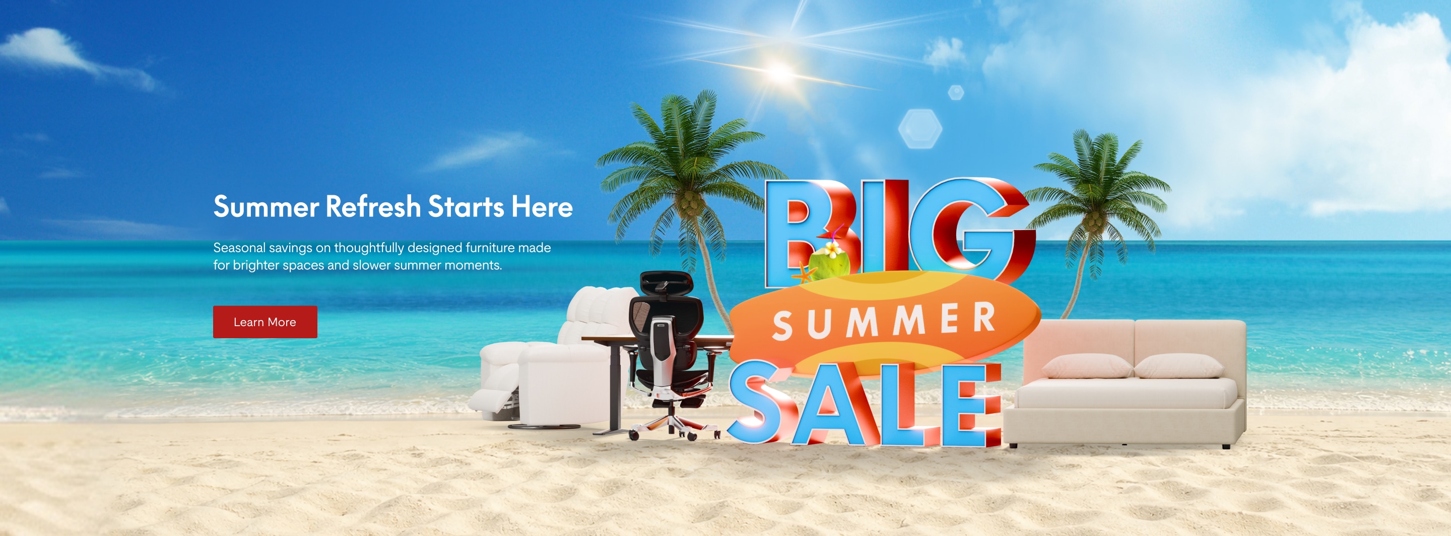 Big Summer Sale banner featuring white sofa and ergonomic office chair on a sandy beach with palm trees and ocean backdrop.