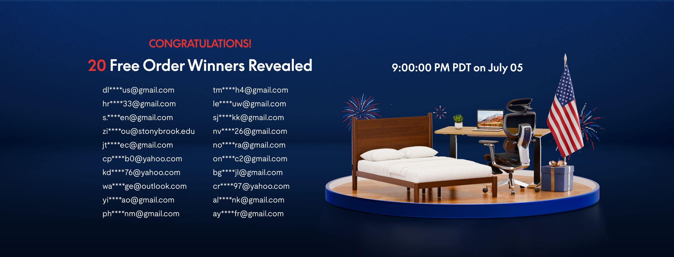 Congratulations banner announcing 20 free order winners with partial email addresses revealed, event time at 9:00 PM PDT on July 05.