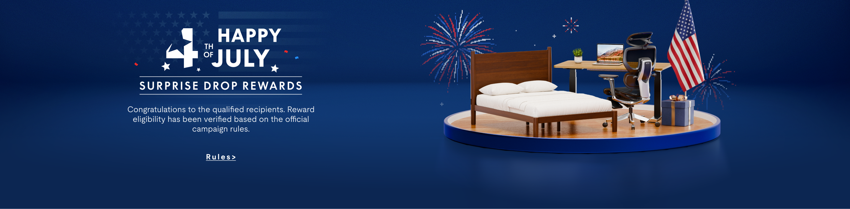 Happy 4th of July promotion featuring a wooden bed with white bedding, ergonomic office chair, desk, American flag, and fireworks on a blue background.
