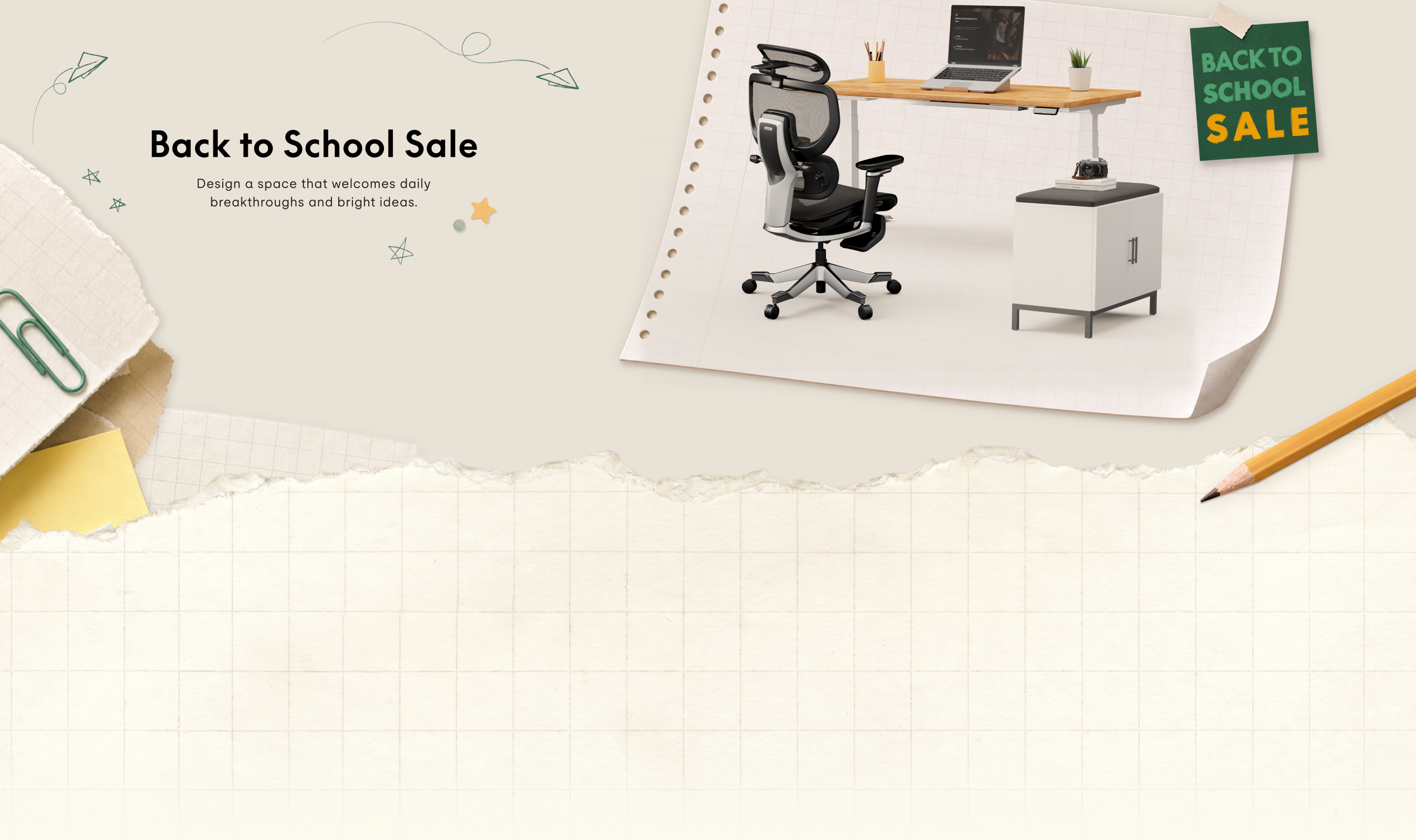 Back to School Sale banner with ergonomic office chair, wooden desk, storage cabinet, and laptop setup on a neutral background.