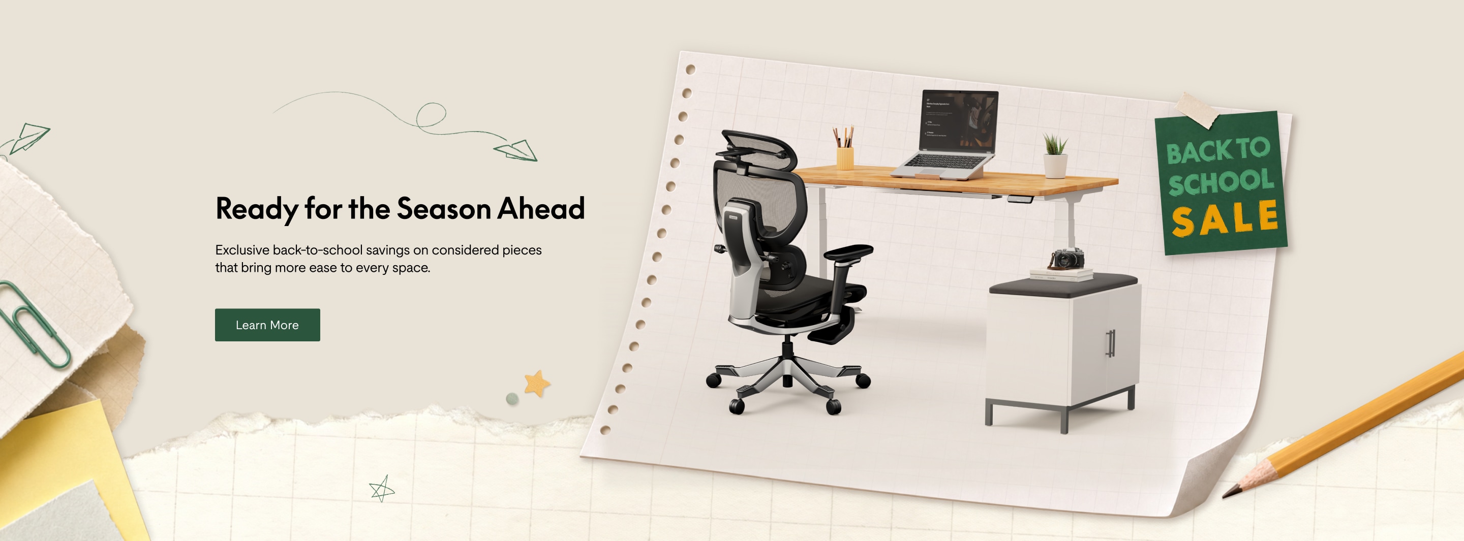 Ergonomic black office chair paired with a wooden adjustable desk, laptop, and storage cabinet; back-to-school sale promotion in green and yellow text.