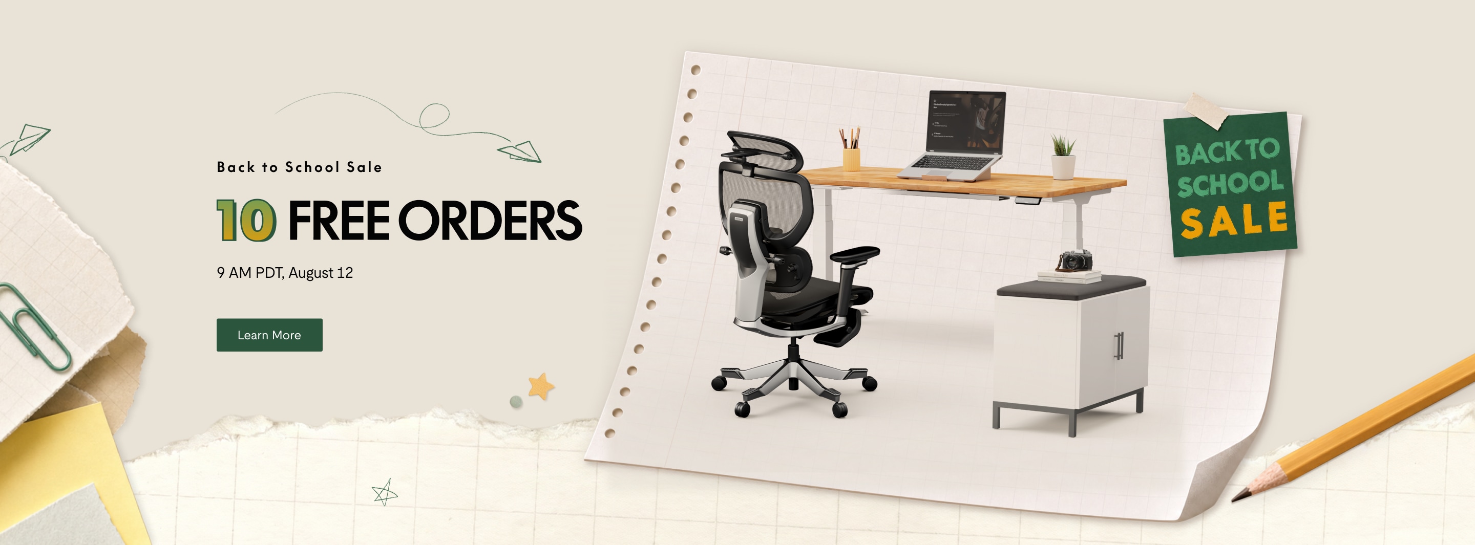 Back to School Sale banner featuring ergonomic office chair, wooden desk with laptop, stationery, and modern storage cabinet. "10 Free Orders" promo, August 12, 9 AM PDT.