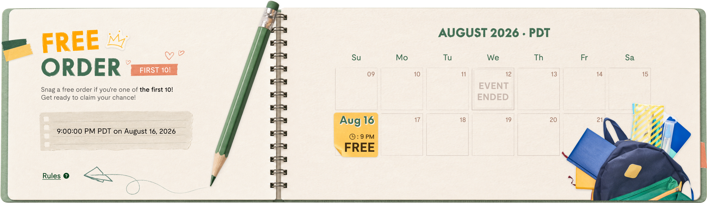 Free order event scheduled for August 12, 2026, at 9:00 AM PDT; green pencil, calendar design, and school supplies in the foreground.