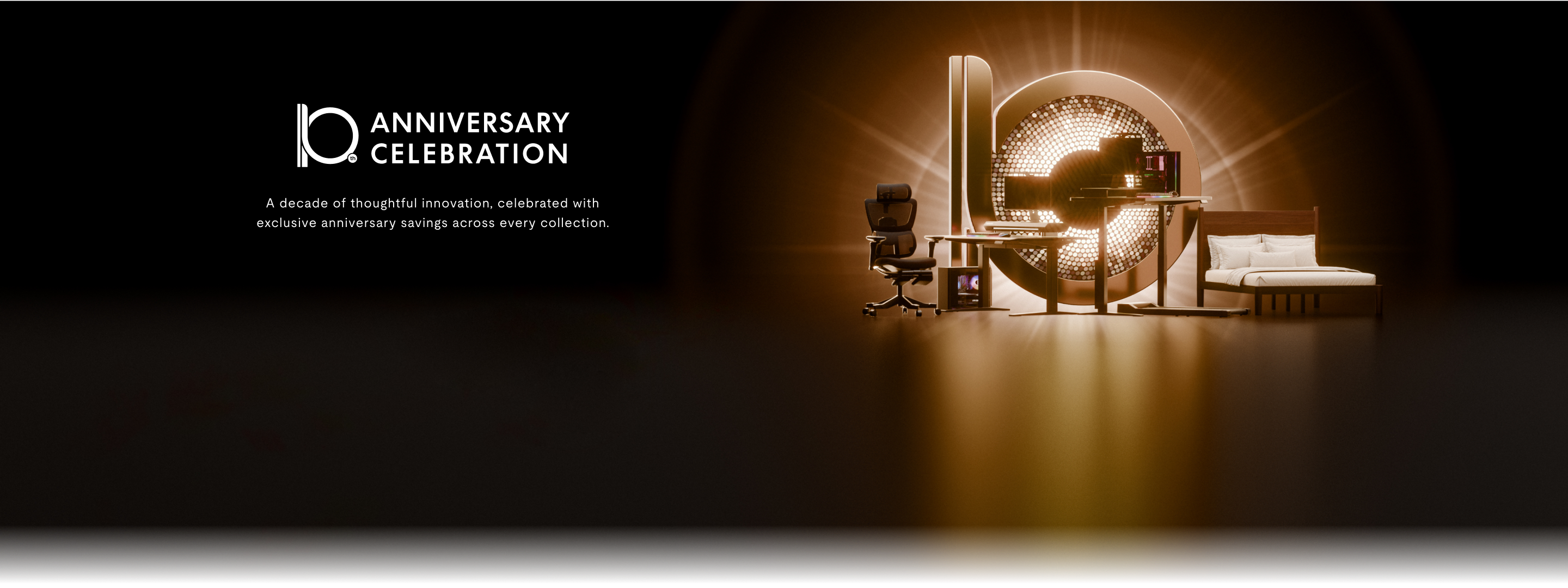 10th anniversary celebration with modern office chair, desk, and bed showcased against a glowing golden backdrop.