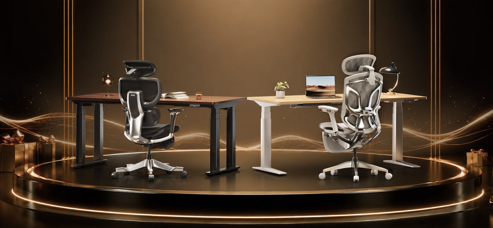 Ergonomic office chairs with mesh backrests paired with adjustable standing desks in a modern workspace setting.