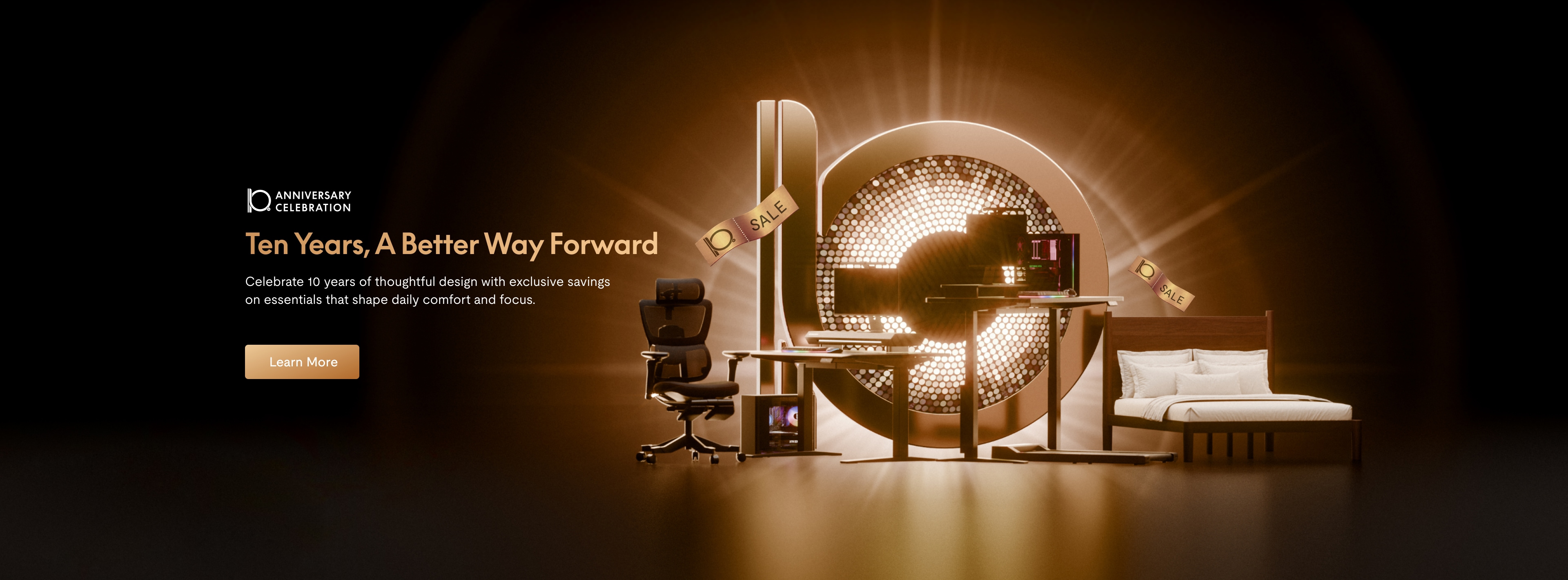 Anniversary sale promotional banner featuring ergonomic office chair, adjustable desk, computer setup, and wooden bed with a glowing "10" backdrop.