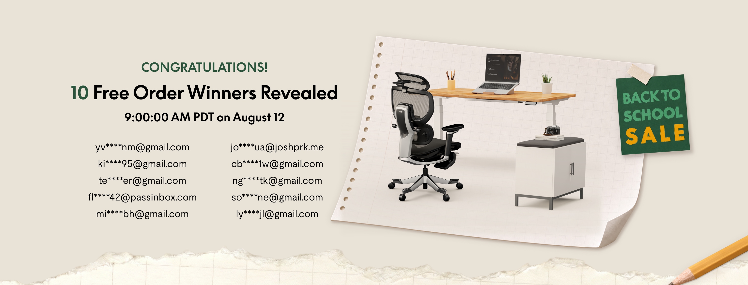 10 free order winners announcement with email addresses, ergonomic office chair, adjustable wooden desk with laptop, and "Back to School Sale" sign on green paper.