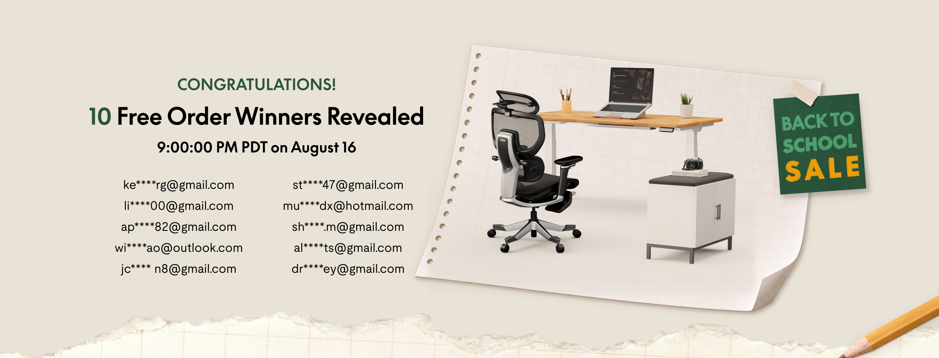 10 free order winners announcement with email addresses, ergonomic office chair, adjustable wooden desk with laptop, and "Back to School Sale" sign on green paper.