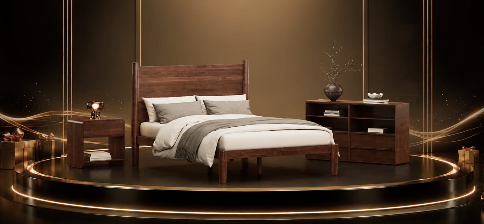 Wooden bed frame with a high headboard, white bedding, gray blanket, matching wooden nightstand, and bookshelf, set on a gold-lit platform.