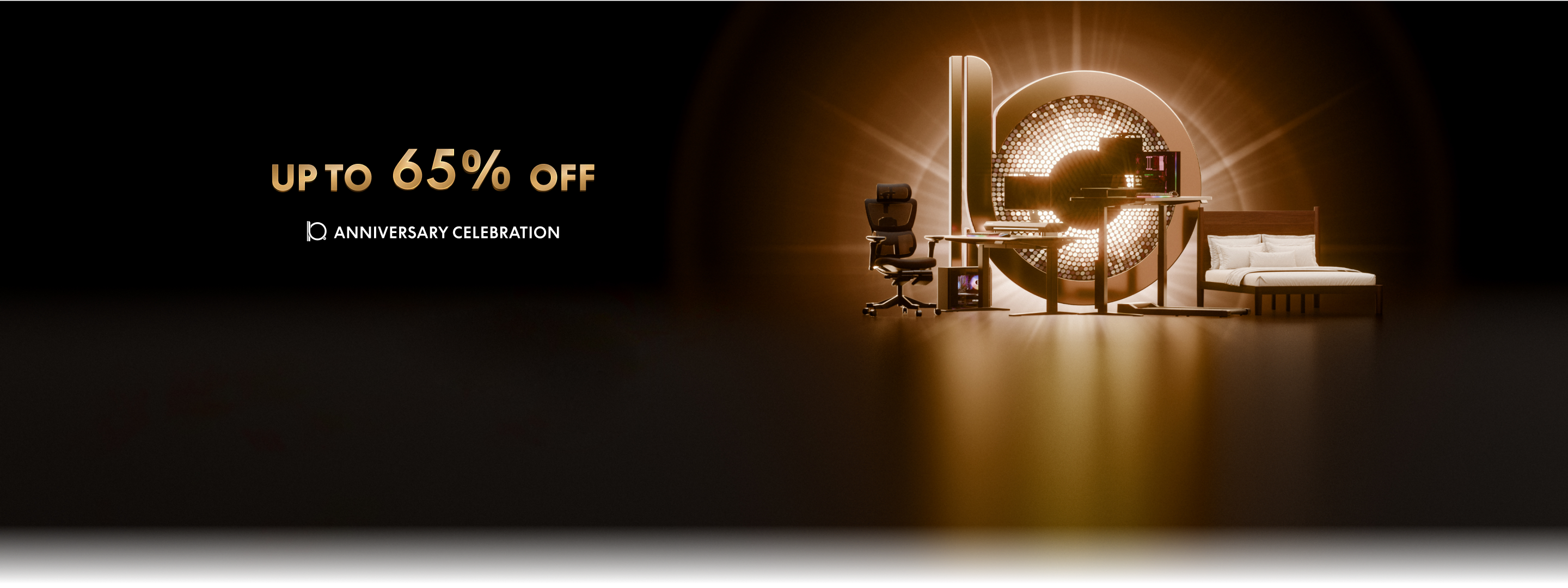 Up to 65% off anniversary sale featuring modern office chair, desk, and wooden bed with white bedding, illuminated by golden lighting.