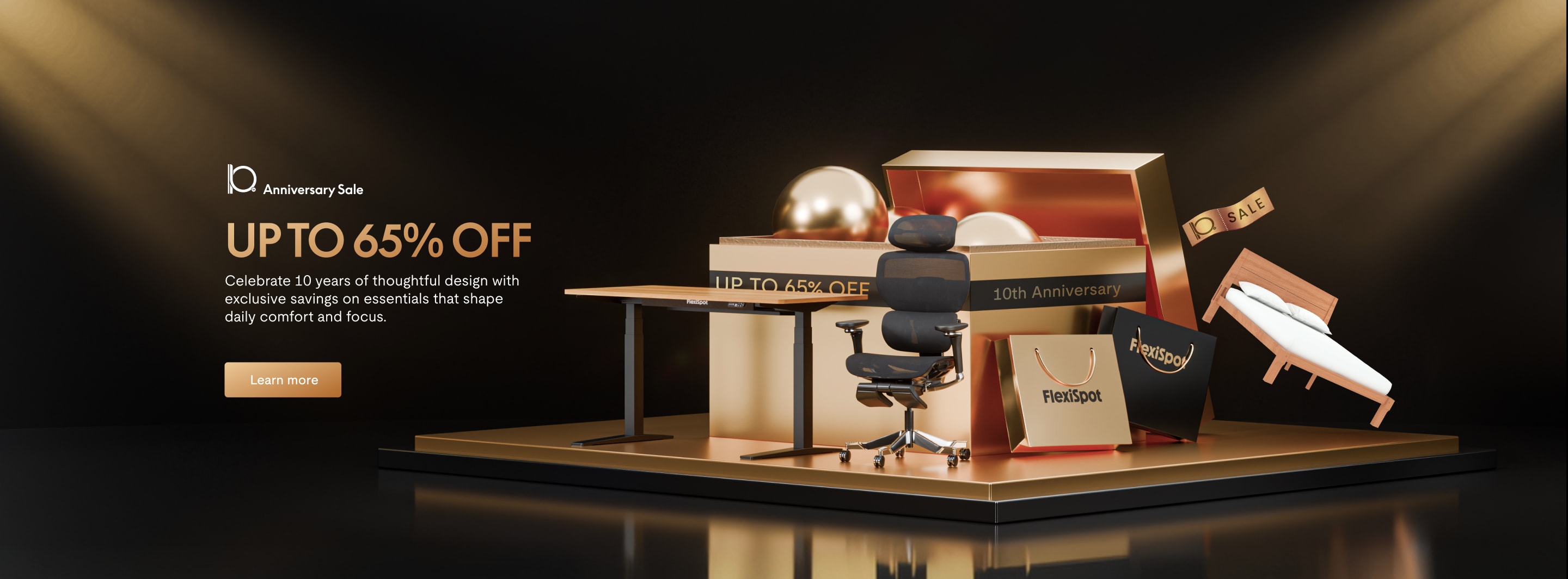 10th Anniversary Sale with up to 65% off on ergonomic office chairs, height-adjustable desks, and wooden bed frames. Golden-themed display.