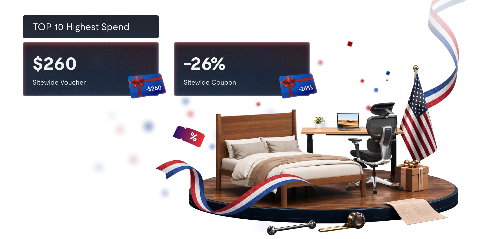 Top 10 highest spend promotion with $260 sitewide voucher and 26% sitewide coupon, featuring a wooden bed, ergonomic chair, desk, and American flag decor.