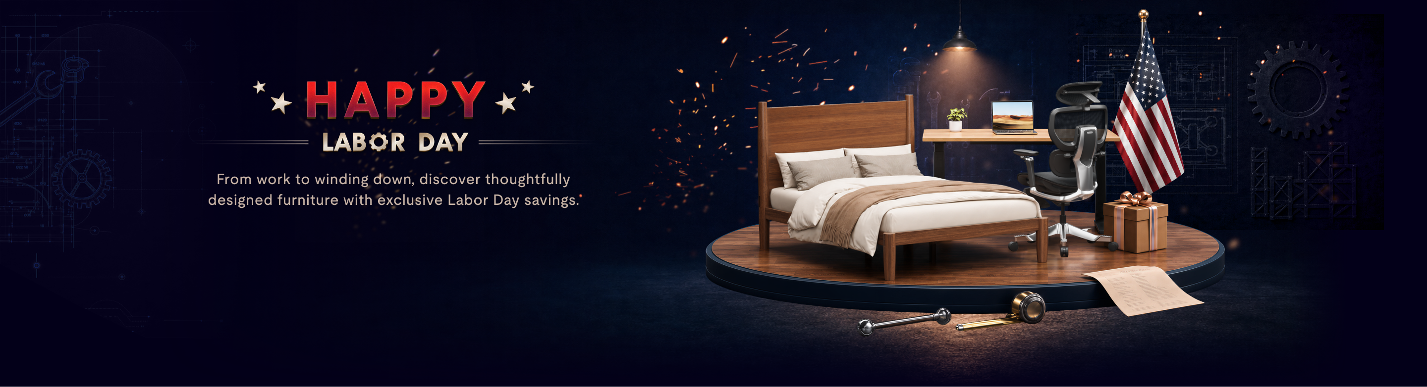 Happy Labor Day banner featuring a wooden bed, ergonomic chair, desk setup, and American flag on a platform with festive decorations.