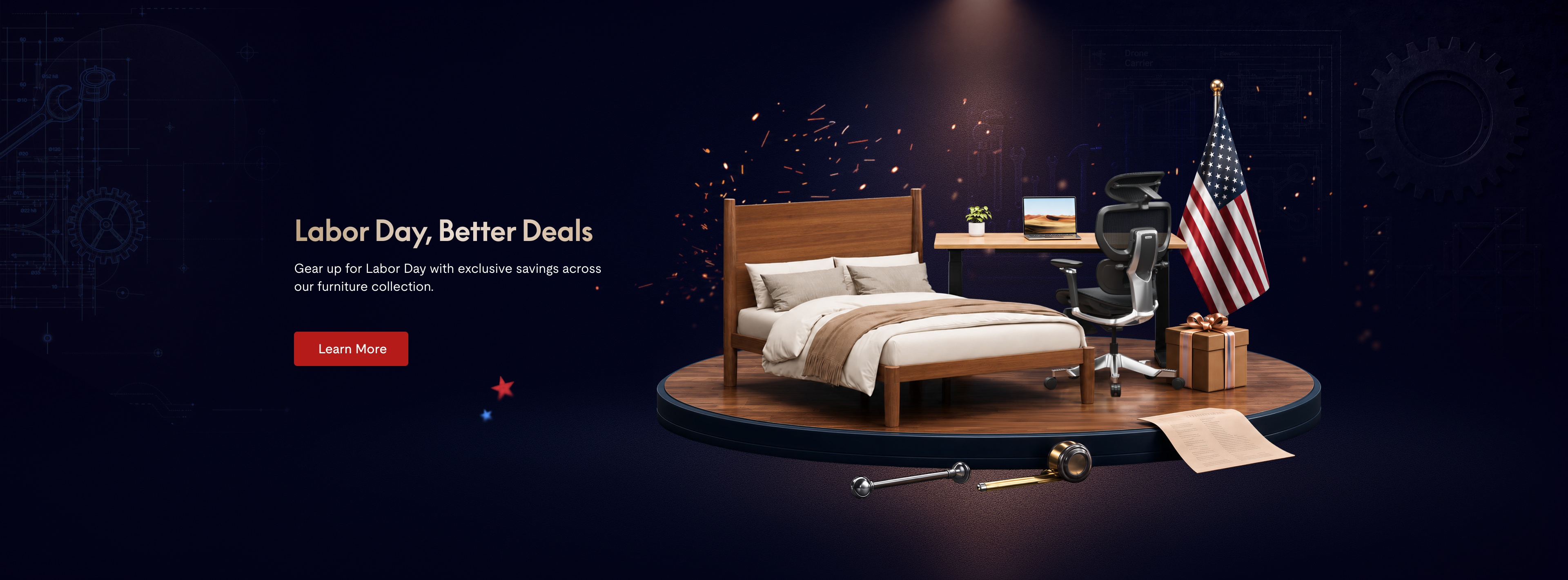Labor Day furniture sale featuring a wooden bed with white bedding, ergonomic office chair, desk with a laptop, and an American flag on a dark background.