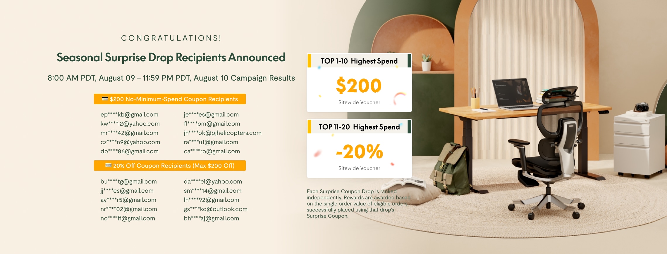 Seasonal Surprise Drop winners list with rewards including $200 sitewide vouchers and 20% off coupons, displayed next to a modern home office setup.