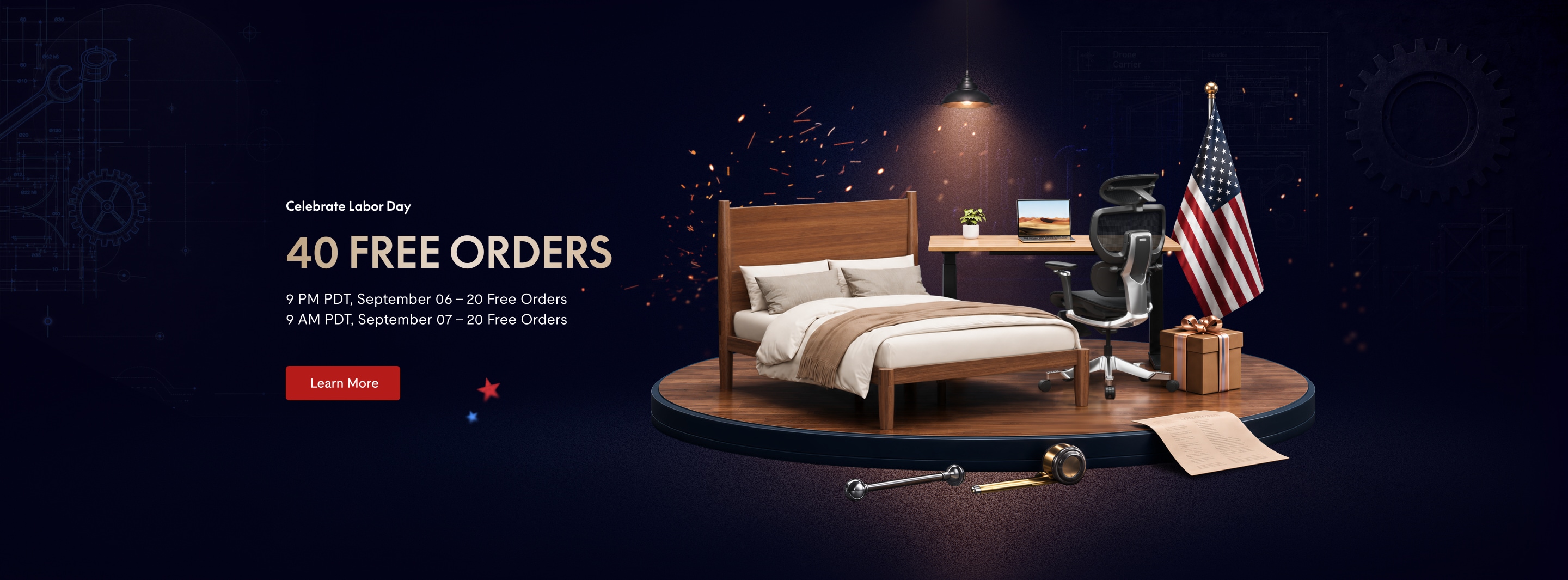 Labor Day sale banner featuring a wooden bed, desk with a laptop, ergonomic chair, and an American flag, highlighting "40 Free Orders" promotion.