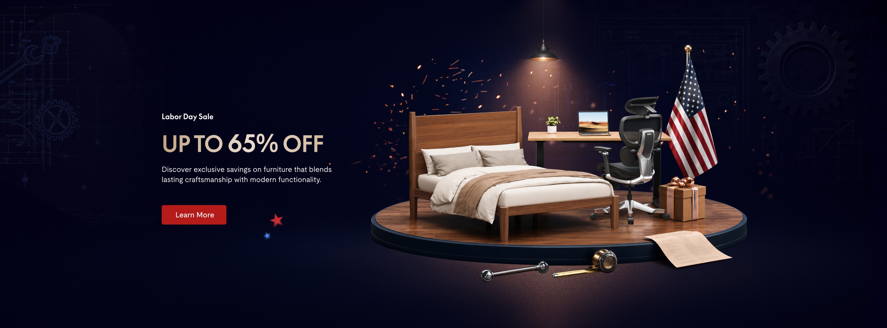 Labor Day sale banner featuring a wooden bed, desk with a laptop, ergonomic chair, and an American flag, highlighting "40 Free Orders" promotion.