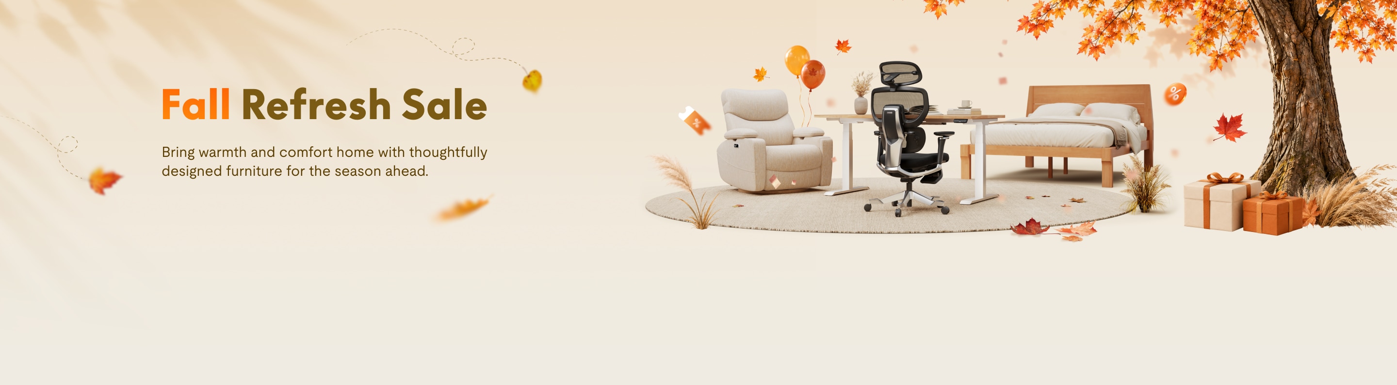 Fall Refresh Sale banner featuring a beige recliner, ergonomic office chair, wooden bed, and desk on a neutral rug with autumn leaves and gift boxes.