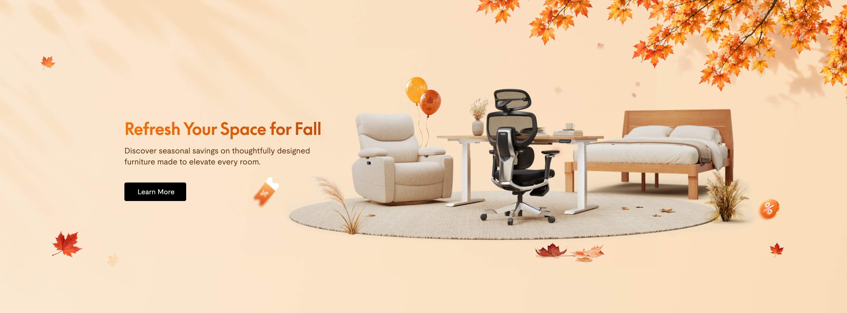 Modern ergonomic office chair, beige recliner, wooden bed with white bedding on a beige round rug, surrounded by autumn leaves and seasonal decor.