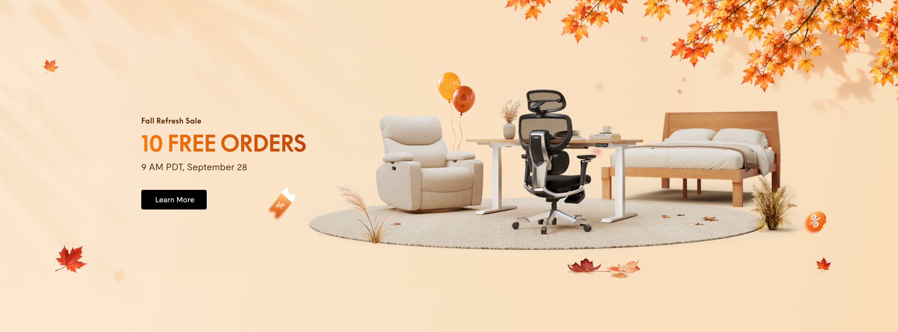 Fall Refresh Sale banner with text "10 FREE ORDERS, 9 AM PDT, September 28" featuring a beige recliner, ergonomic office chair, desk, and wooden bed.