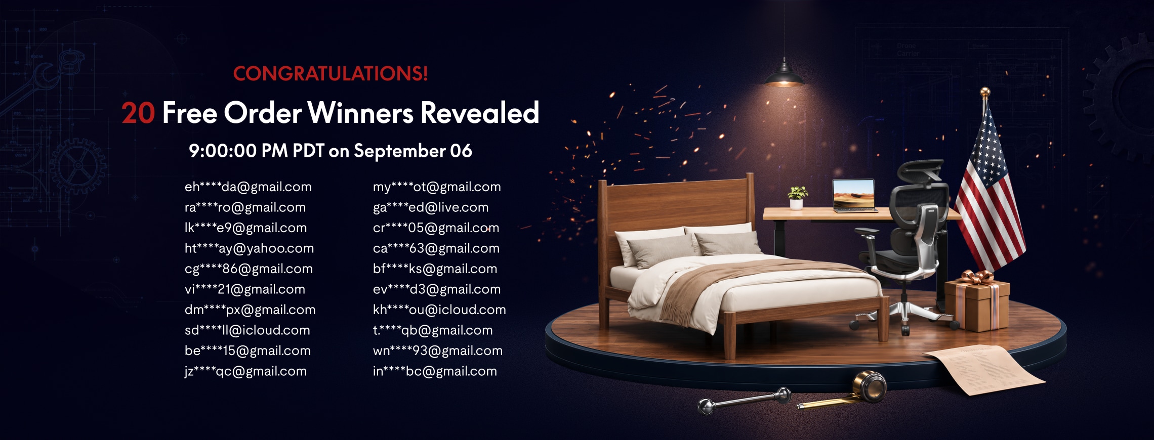 20 free order winners announcement with a wooden bed, ergonomic office chair, desk, and a gift box on a circular platform, decorated with an American flag.