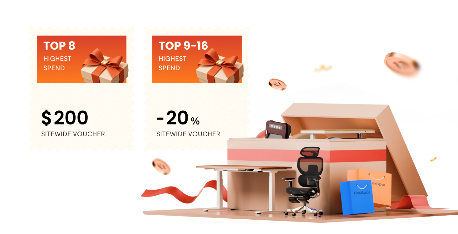 TOP 8 reward card with $200 sitewide voucher and gift box; TOP 9–16 reward card with 20% sitewide voucher; office desk and chair with FlexiSpot shopping bags.