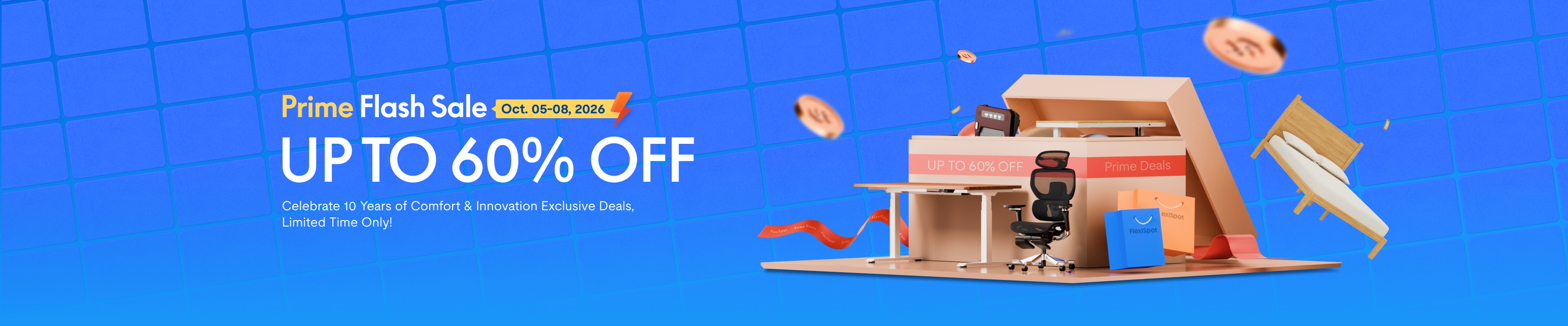 Prime Flash Sale banner, October 5-8, 2026, up to 60% off ergonomic office chairs, desks, and furniture. Limited-time exclusive deals.