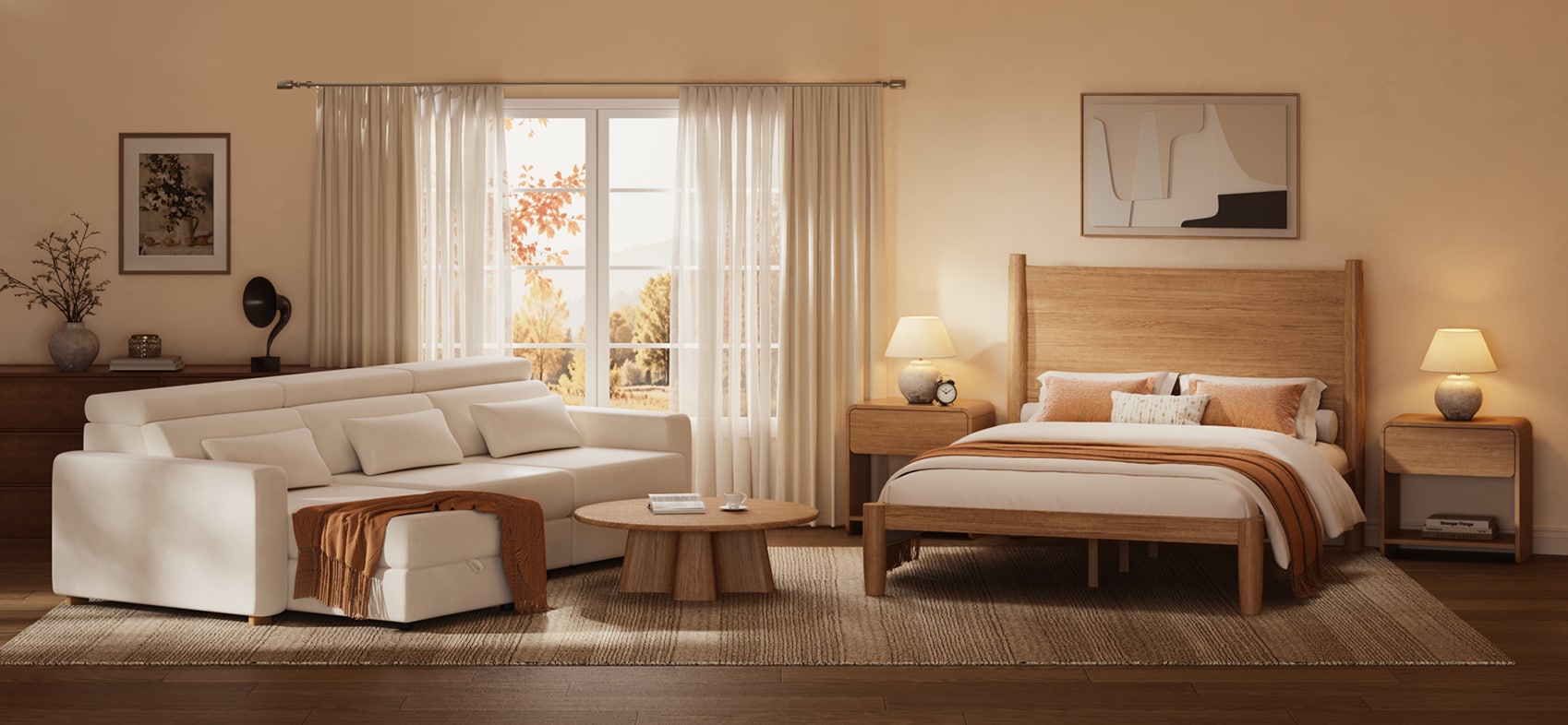 Modern bedroom and living room setup with a white sectional sofa, wooden bed frame, nightstands, and coffee table, decorated in warm earthy tones.