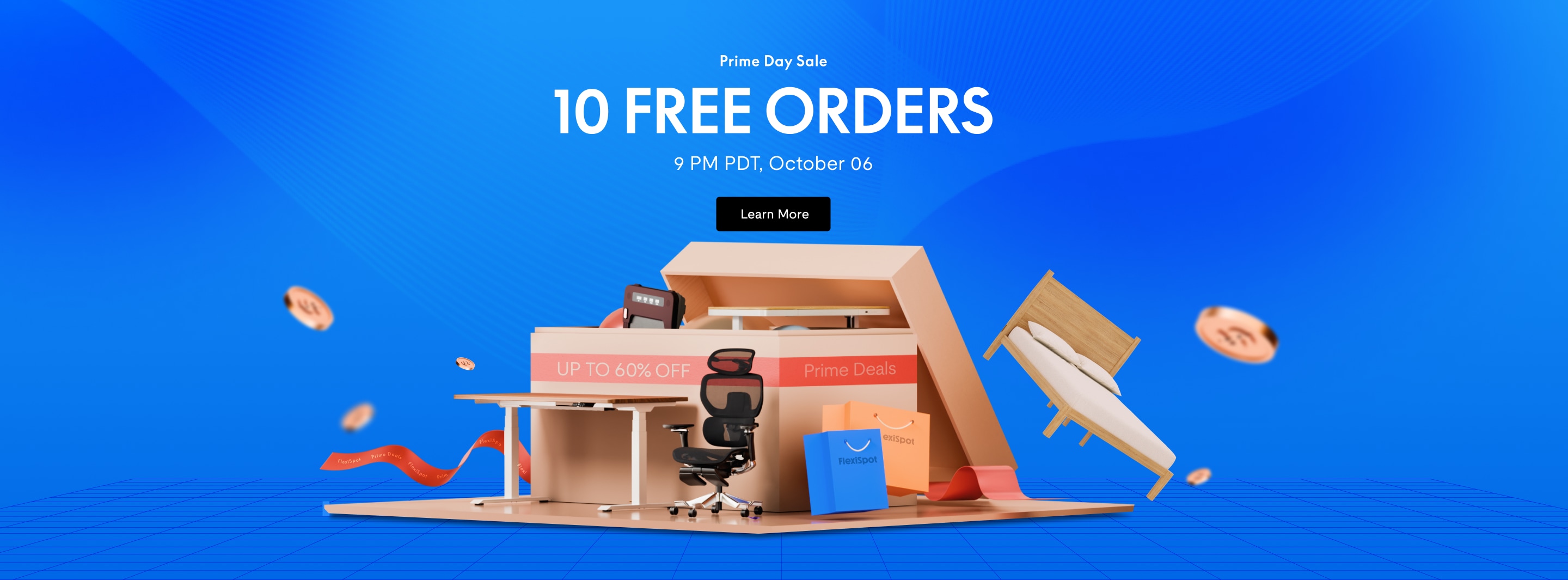 Prime Day sale banner featuring "10 FREE ORDERS," a desk, office chair, bed frame, and promotional text "UP TO 60% OFF" on a blue background.